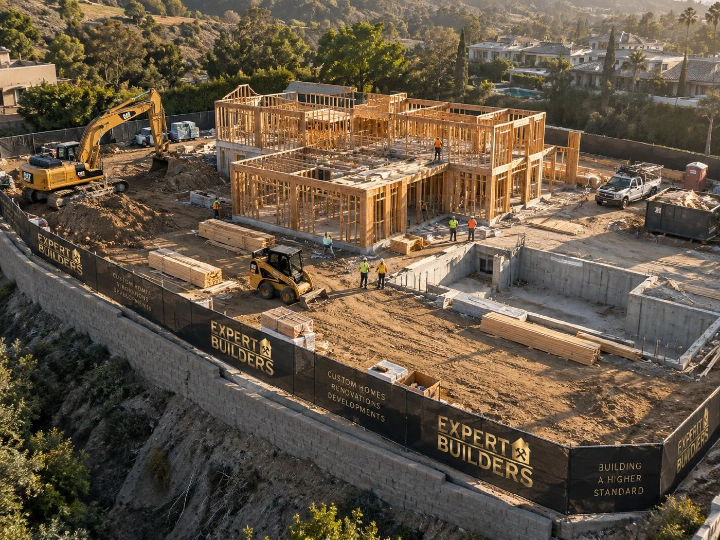 Aerial construction concept showing a luxury home at the framing stage with Expert Builders signage