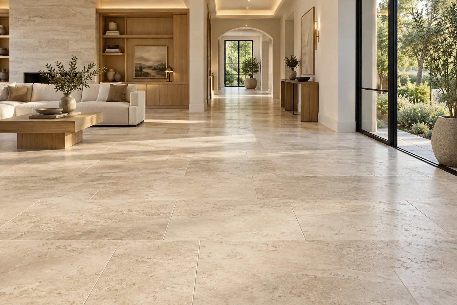 Warm travertine tile flooring in a luxury living room