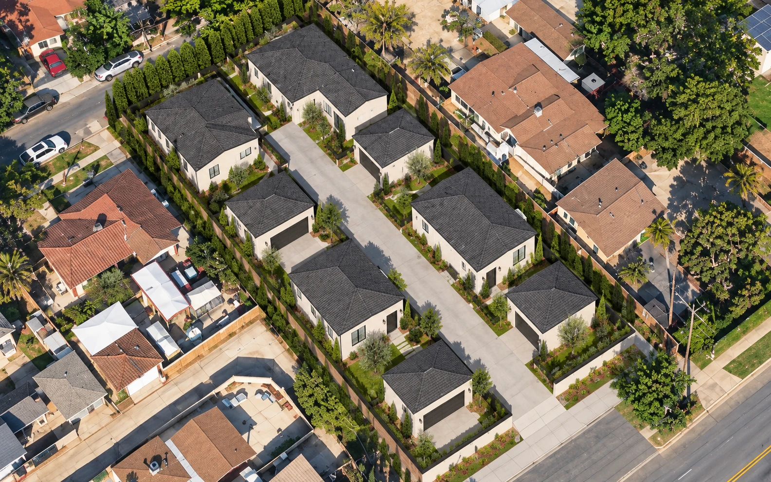 Aerial architectural rendering of Terra Bella’s four residences and detached garages